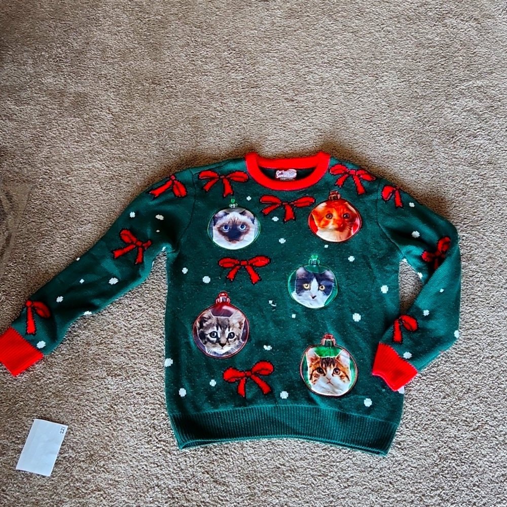 Festive Cat Ornament Sweater - Green and Red